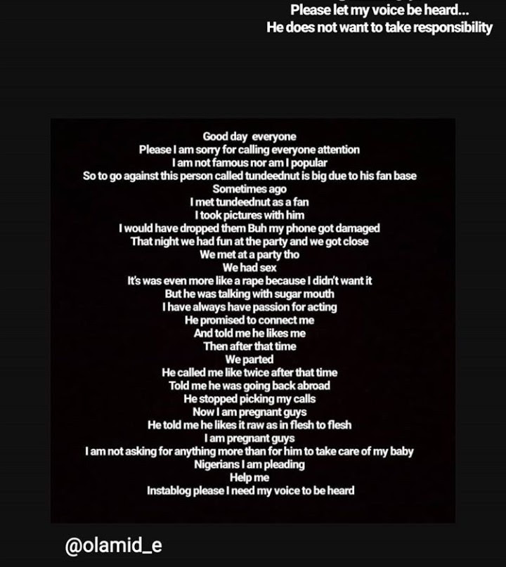 Woman accuses Tunde Ednut of raping and impregnating her; Tunde responds