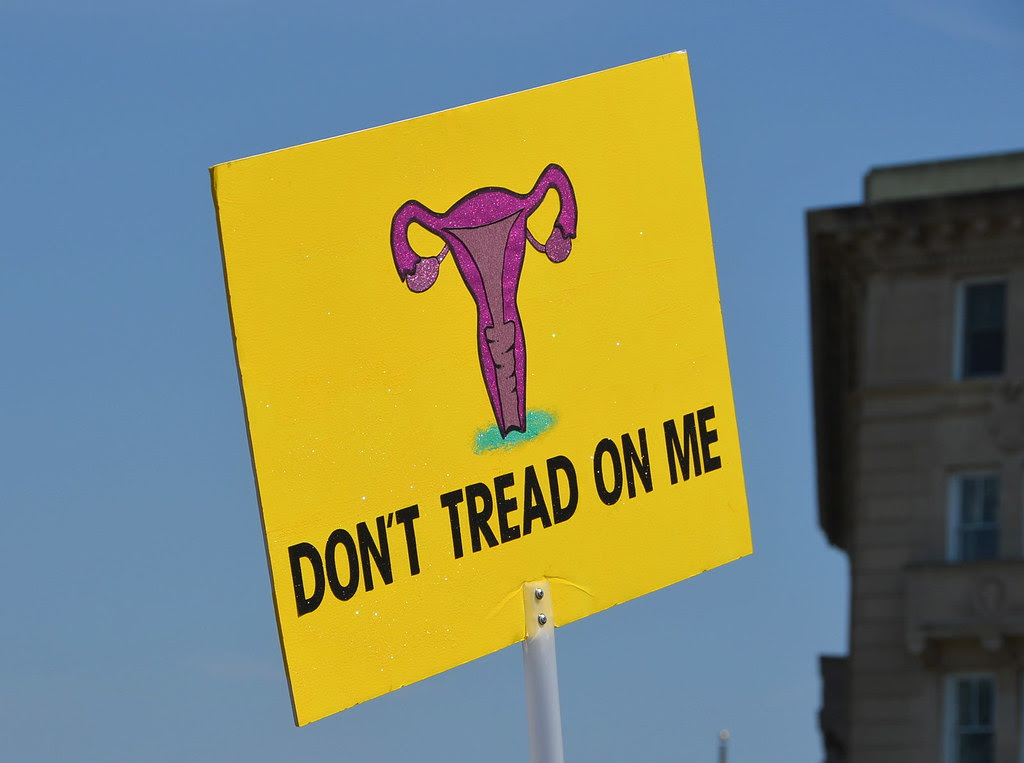 Don't Tread On Me protest sign with image of uterus