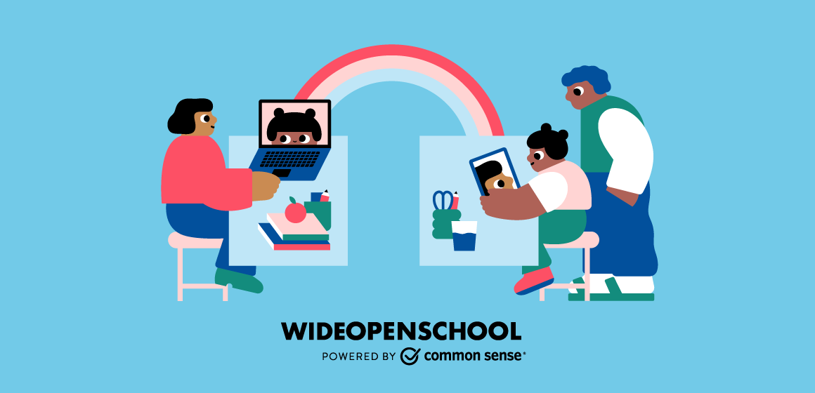 Illustration of a teacher and student with parent sharing a remote learning lesson