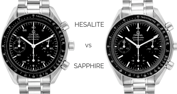 Omega Speedmaster with Hesalite crystal (left) and Sapphire crystal (right).