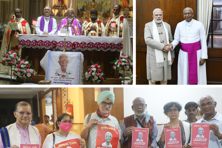 Clockwise from L-R: John Dayal (middle) poses with Father Stan poster on his first death anniversary July 5, 2022 in New Delhi. CBCI president Archbishop Thazhath with Prime Minister Narendra Modi on December 21, 2022. Archbishop Thazhath (now CBCI president) prays before the urn carrying ashes of Father Stan at the Lourdes Cathedral of Thrissur Archdiocese on July 19, 2021.