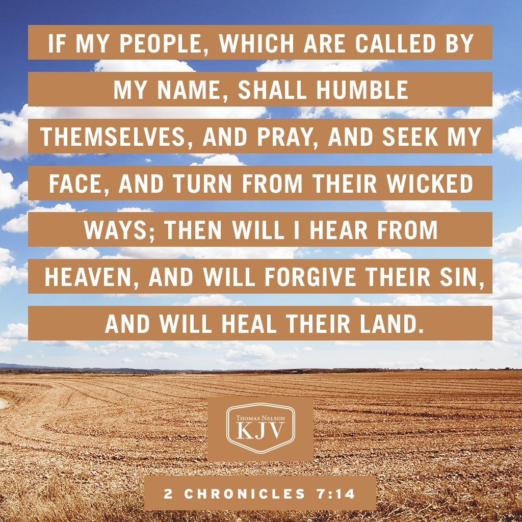 14 If my people, which are called by my name, shall humble themselves, and pray, and seek my face, and turn from their wicked ways; then will I hear from heaven, and will forgive their sin, and will heal their land. 2 Chronicles 7:14