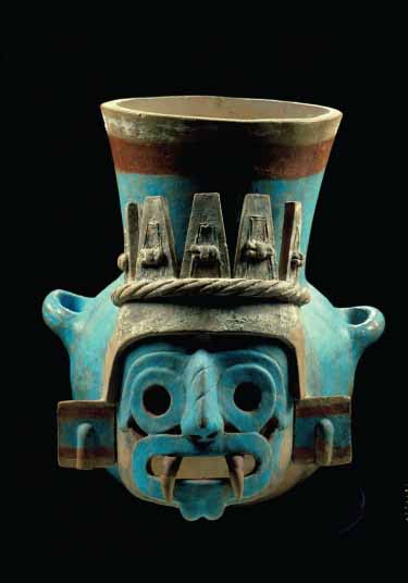 Tlaloc Vessel, Aztec, c. 1440–1469. Clay and Pigment, 13" × 13" × 12.5". Museo Templo Mayor, Mexico City.