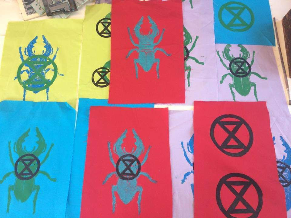 Beetles and XR logos printed on different coloured fabric.