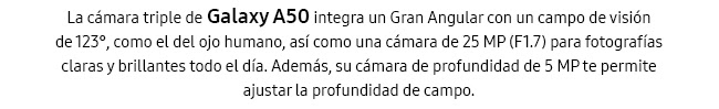 La cámara triple de Galaxy A50 integra un Gran Angular con un campo de visión de 123°, como el del ojo humano, así como una cámara de 25 MP (F1.7) para fotografías claras y brillantes todo el día. Además, su cámara de profundidad de 5 MP te permite ajustar la profundidad de campo.