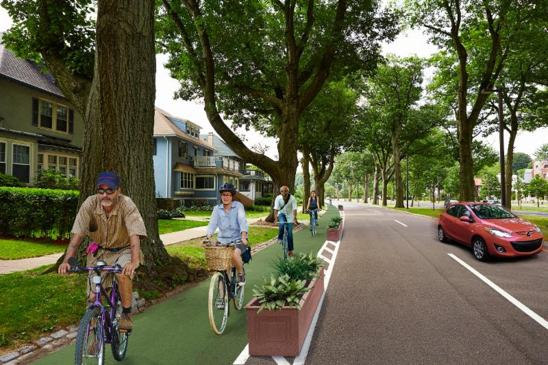 A rendering of a possible design for a protected bike lane on the Arborway