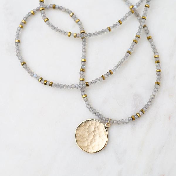 &#39;Wrap&#39; Labradorite Gemstone Large Hammered Disc Necklace