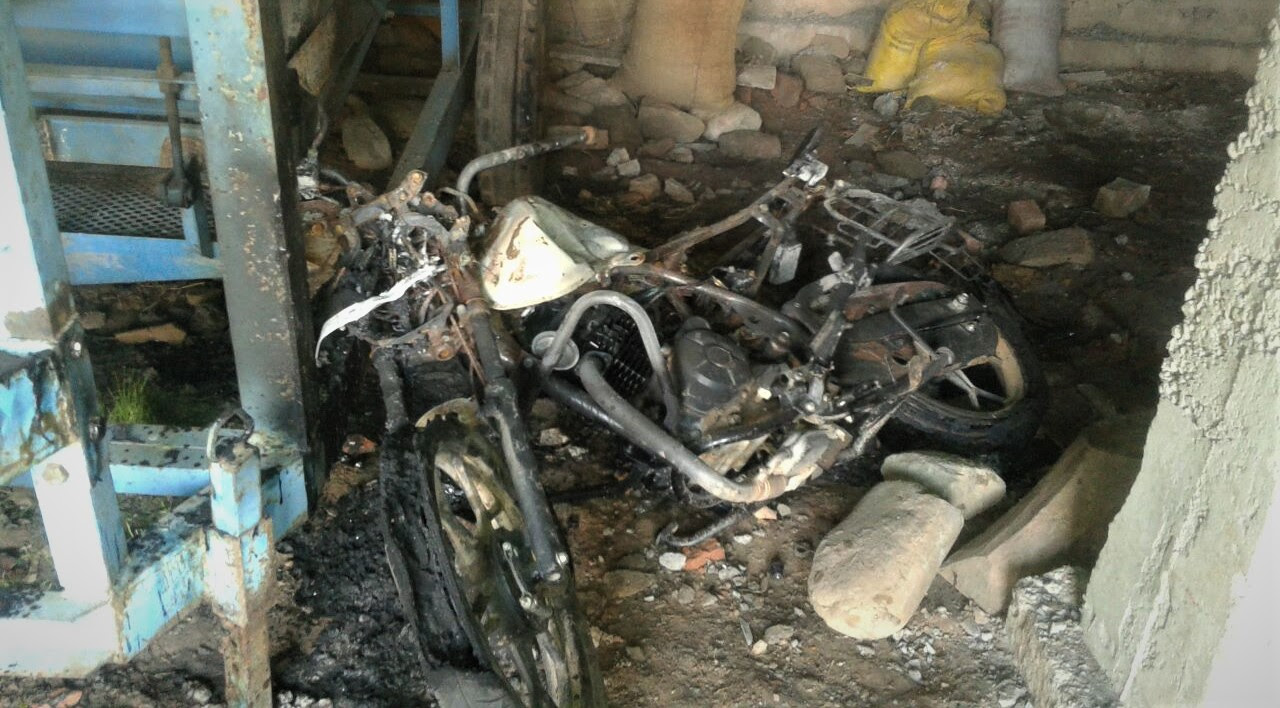  Destroyed motorcycle of congregation member after attack in Jammu and Kashmir, India. (Morning Star News)