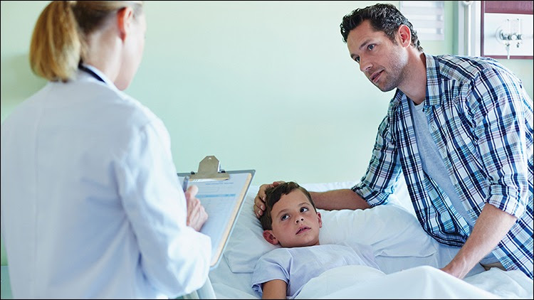 The figure shows a doctor talking with a father and his son, who is lying in a hospital bed. 