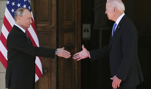 President Joe Biden and Russian President Vladimir Putin, arrive to meet at the &quot;Villa la Grange,&quot; in Geneva, Switzerland, June 16, 2021. (AP Photo/Alexander Zemlianichenko, File Pool)