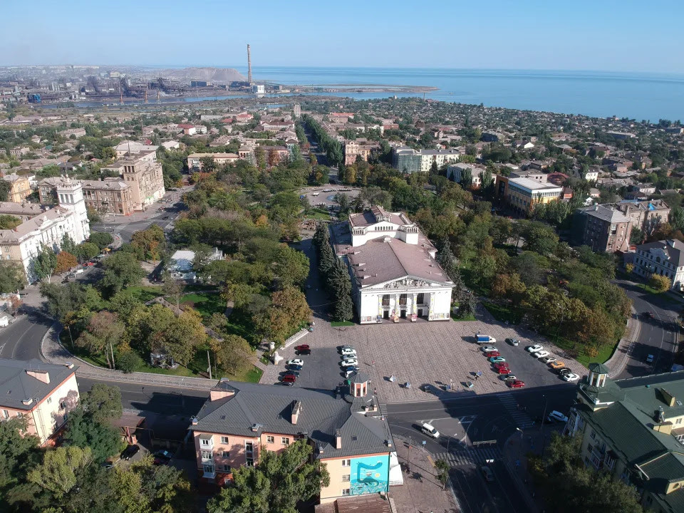 An aerial view of the theater in Mariupol, Ukraine.