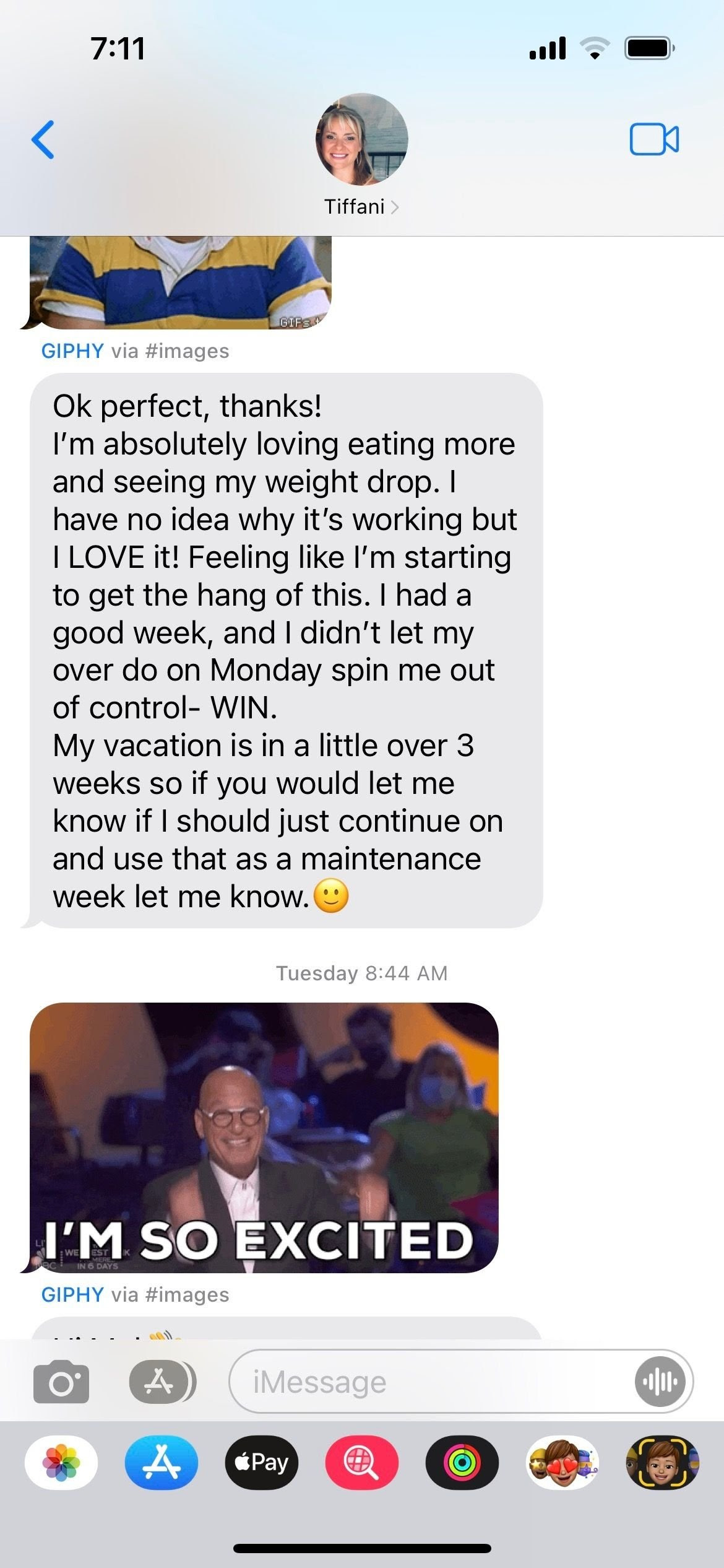 Text about Tiffani's weight loss progress