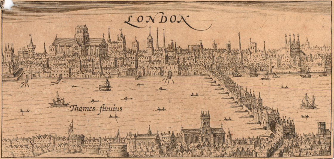 Long view of London, from the South Bank, as it appeared before the fire of 1666. From John Speed’s Theatre of the Empire of Great Britain, 1611–1612. Engraving, 1610. Note the Rose and Globe theatres on the South Bank and the heads on spikes on London Bridge.