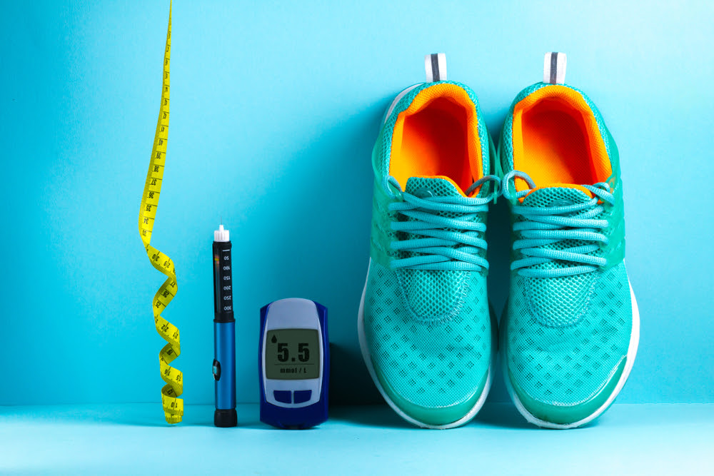 sneakers, glucose monitor, tape measure