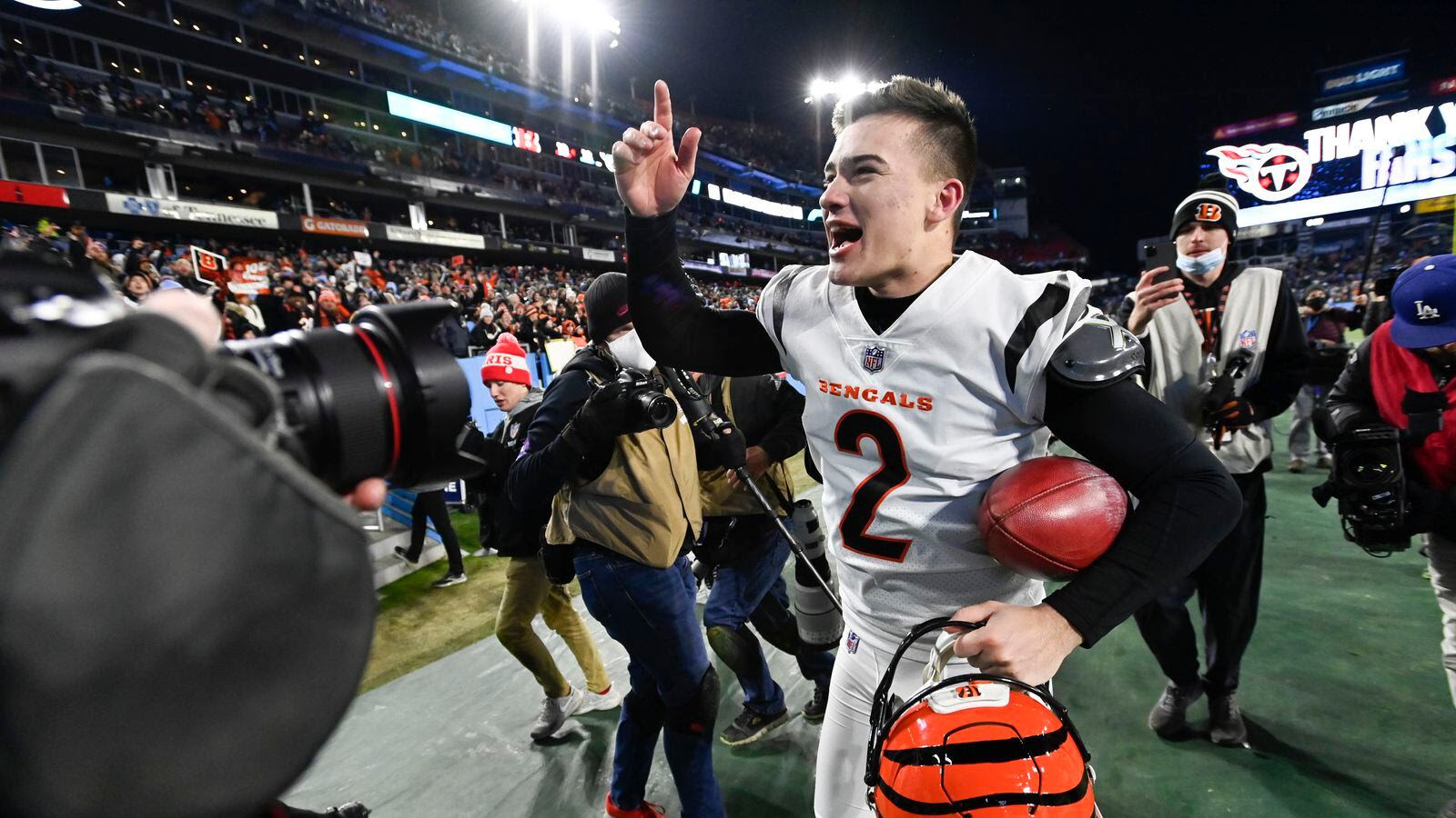 Cincinnati Bengals kicker Evan McPherson celebrates his game-winning field goal against the Tennessee Titans after an NFL division round playoff game last Saturday.