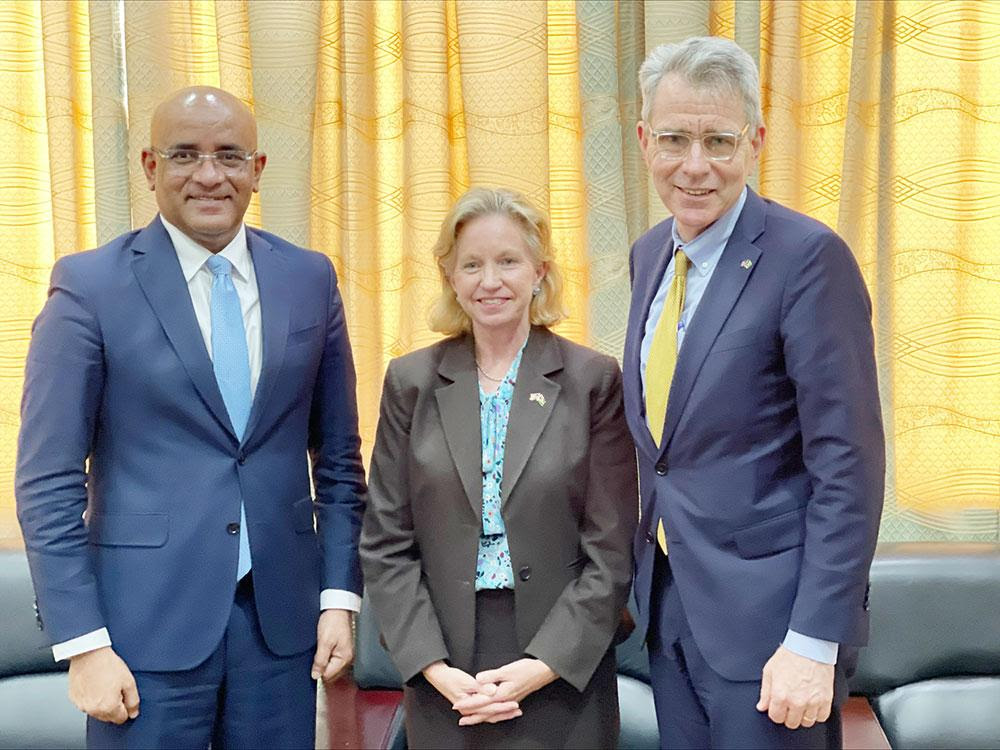 Department of State Bureau of Energy Resources (ENR), Assistant Secretary, Geoffrey R. Pyatt (right) with Vice President, Bharrat Jagdeo (left) and U.S. Ambassador to Guyana, Sarah-Ann Lynch (center)