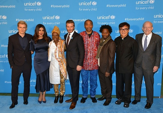 Orlando Bloom, Priyanka Chopra, Angélique Kidjo, David Beckham, Femi Kuti, Ishmael Beah, Jackie Chan and UNICEF Executive Director Anthony Lake 