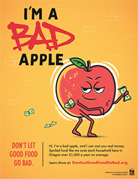 Graphic image of Bad Apple, from Oregon DEQ's campaign against food waste