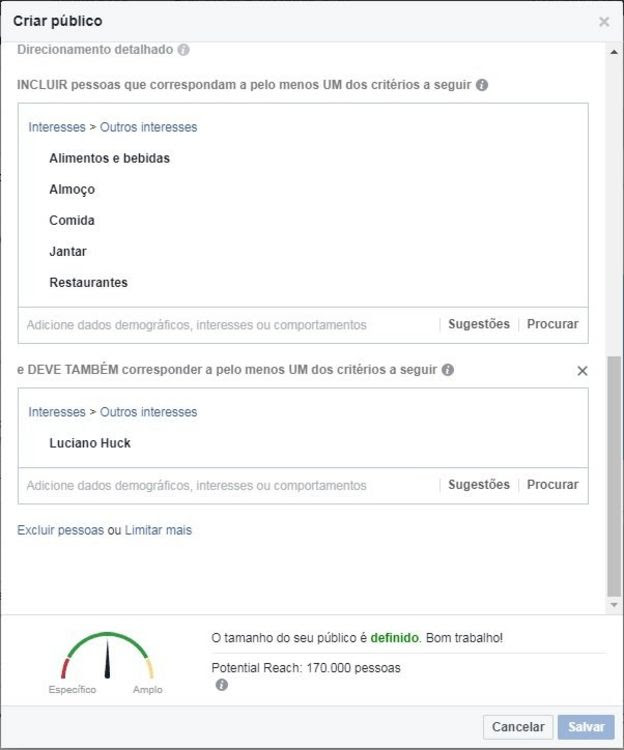Captura de tela de página de Facebook mostra como criar público relacionado a Luciano Huck