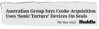 Newspaper headline reads Australian Group Says Cooke Acquisition Uses ‘Sonic Torture’ Devices On Seals