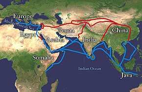 Map of Eurasia with drawn lines for overland and maritime routes