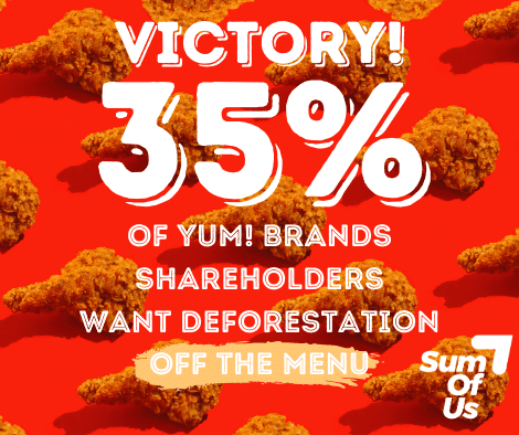 graphic that reads "victory 35% of Yum! Brands shareholders want deforestation off the menu" 