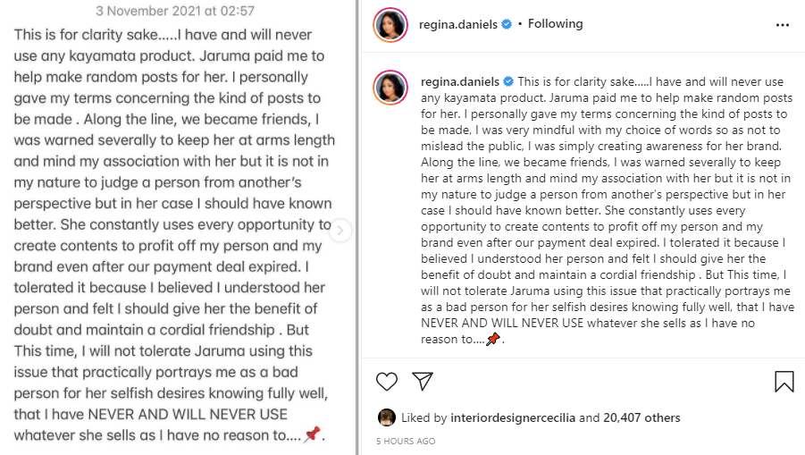 "I have never and will never use any Kaya**ta product"- Regina Daniels issues disclaimer after she was accused of using Jaruma