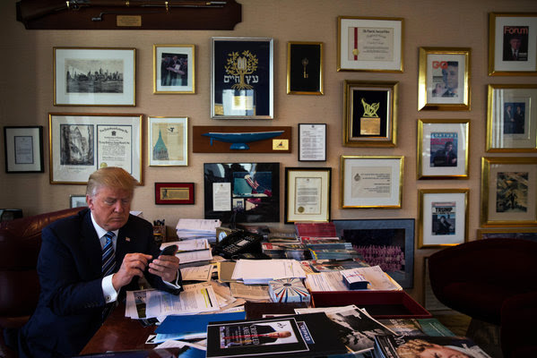 President-elect Donald J. Trump, demonstrating his tweeting skills in his office at Trump Tower in New York.