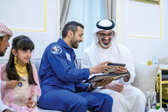 ​Branded Images14 Al Ain His Highness Sheikh Khaled bin Mohamed bin Zayed Al Nahyan, Crown Prince of Abu Dhabi and Chairman of the Abu Dhabi Executive Council, has attended a reception at Saif Muftah Al Neyadi’s house in the Umm Ghafa area of Al Ain to celebrate the return of Al Neyadi’s son, the UAE astronaut Sultan Al Neyadi, from his six-month mission to space. His Highness congratulated Sultan Al Neyadi and other members of the family on the success of the historic mission, highlighting how the achievement marks a proud moment for the UAE leadership, government and people, and represents a great leap for the nation.  His Highness also commended the work of the Mohammed bin Rashid Space Centre in planning the mission and ensuring its success, and discussed how the UAE continues to contribute to space exploration by supporting advanced scientific research and experiments in order to find solutions to challenges in space science and technology.  HH said: “Our youth has the potential to harness the opportunities and use its creativity to achieve excellence. Their confidence and commitment has now been proven in space and in advanced technology. They serve as an inspiration for more young Emiratis to venture forward and create history.”  HH added: “Sultan Al Neyadi and the team have proved to be inspiring models for the UAE’s ambitious youth. Their example will help further accelerate the UAE’s efforts to grow its presence in the space sector.”  Branded Images  Branded Images10     Branded Images12     Branded Images14     Branded Images15        Branded Images17     Branded Images22     Branded Images23     Branded Images24     Branded Images4     Branded Images6     Branded Images7     Branded Images8