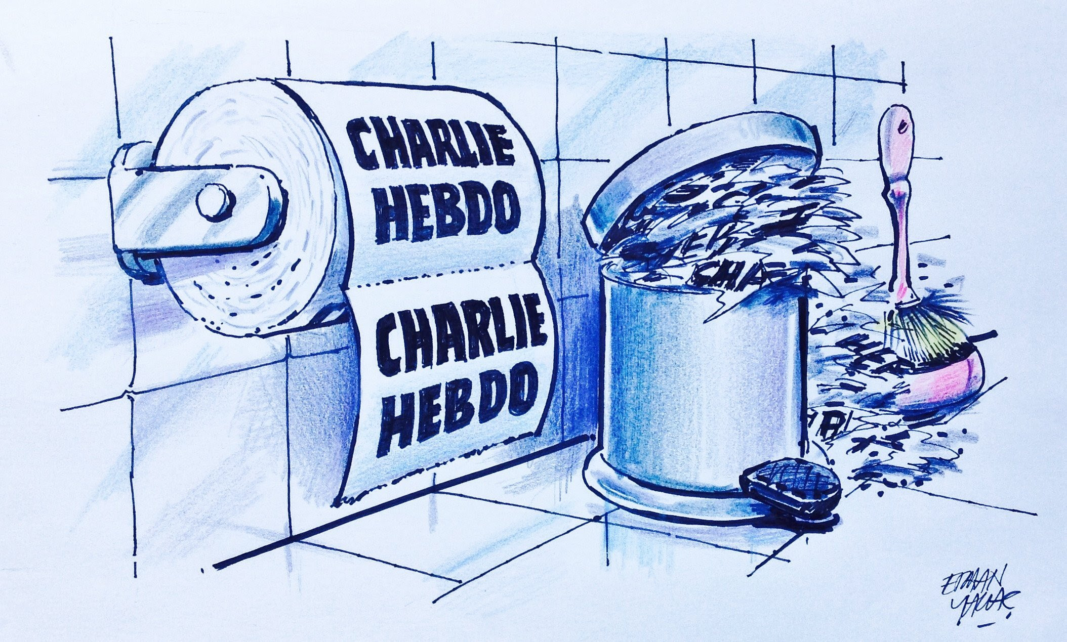 Satirical image of 'Charlie Hebdo' logo on a toilet roll