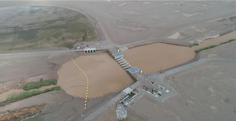 New River Diversion structure with flood gates open to allow water to flow into the Sea