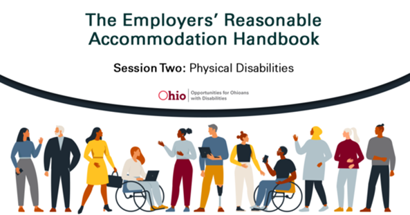 Graphic of figures  with different disabilities  TEXT: The Employer's Reasonable Accommodation Handbook Session Two: Physical Disabilities