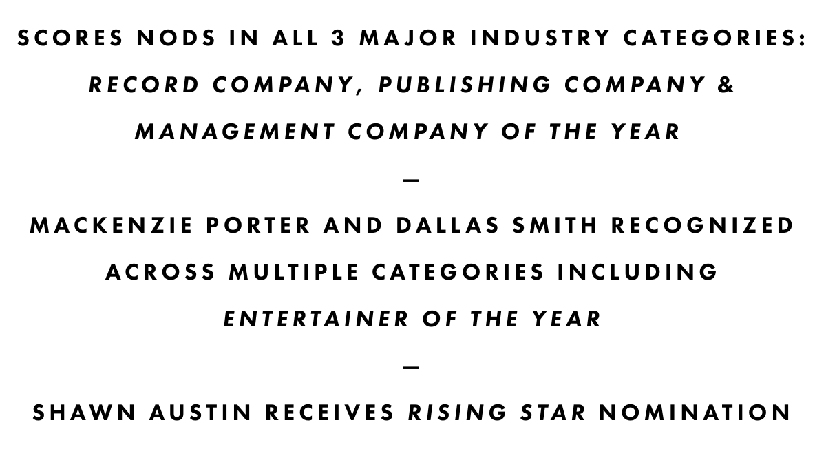SCORES NODS IN ALL 3 MAJOR INDUSTRY CATEGORIES: RECORD COMPANY, PUBLISHING COMPANY & MANAGEMENT COMPANY OF THE YEAR —MACKENZIE PORTER AND DALLAS SMITH RECOGNIZED ACROSS MULTIPLE CATEGORIES INCLUDING ENTERTAINER OF THE YEAR—SHAWN AUSTIN RECEIVES RISING STAR NOMINATION