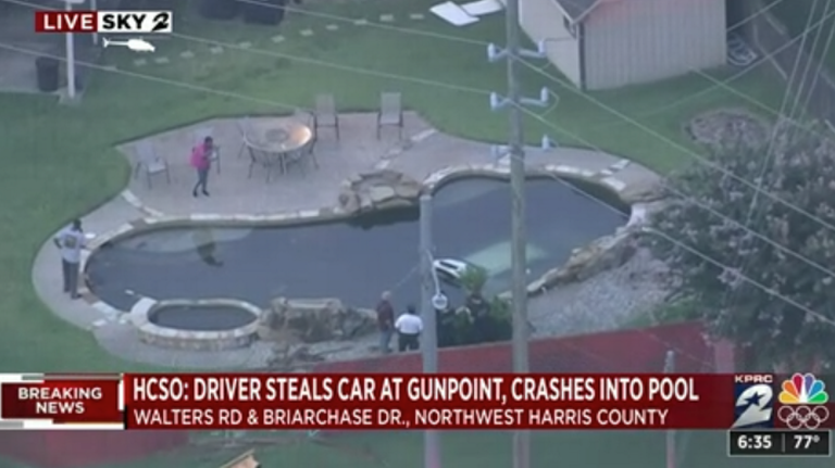 Armed carjacking ends when suspect crashes stolen car into a pool