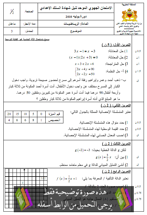 الامتحان الجهوي الموحد في الرياضيات مع عناصر الإجابة دورة يونيو 2010 جهة الدار البيضاء الكبرى – الثالثة إعدادي Maths2010