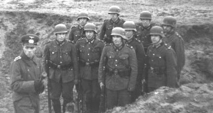 German helmets of the Wehrmacht with the                         protection of ears and neck, example of a hand                         grenade course