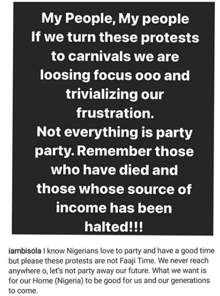 #EndSARS: We are loosing focus and trivializing our frustration if we turn these protests to carnivals - Actress Bisola warns