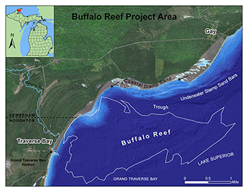 A map shows the location of Buffalo Reef on the eastern side of the Keweenaw Peninsula in northern Michigan.
