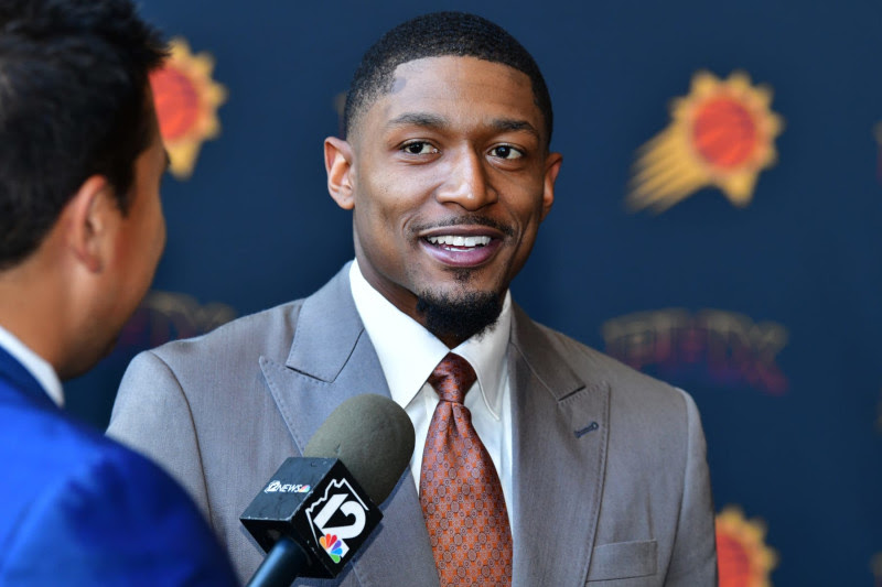 PHOENIX, AZ - JUNE 29: Bradley Beal #3 of the Phoenix Suns speaks to the media on June 29, 2023, at the Footprint Center in Phoenix, Arizona. NOTE TO USER: User expressly acknowledges and agrees that, by downloading and or using this Photograph, user is consenting to the terms and conditions of the Getty Images License Agreement. Mandatory Copyright Notice: Copyright 2023 NBAE (Photo by Barry Gossage / NBAE via Getty Images)