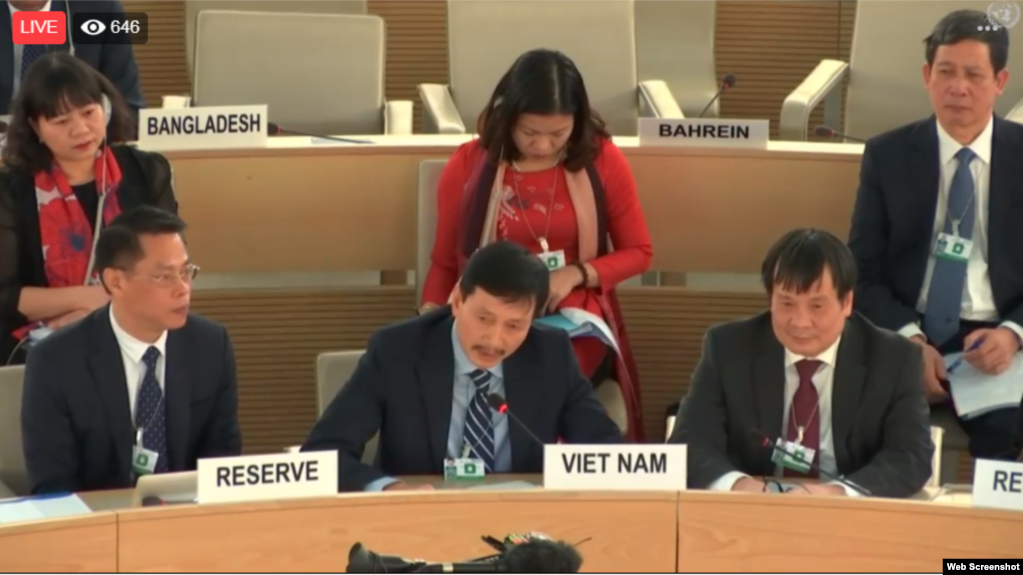 Phái đoàn Việt Nam tại Kỳ kiểm điểm lần thứ 3 cơ chế Kiểm điểm Định kỳ Phổ quát về nhân quyền (UPR) tại LHQ ở Geneva, ngày 22/1/2019. Photo Facebook Vietnam UPR.