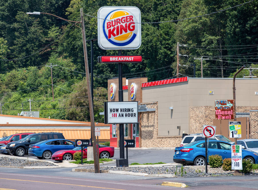 A sign at a Burger King franchise in Danville, Pennsylvania announces that it is hiring at $11 an hour.