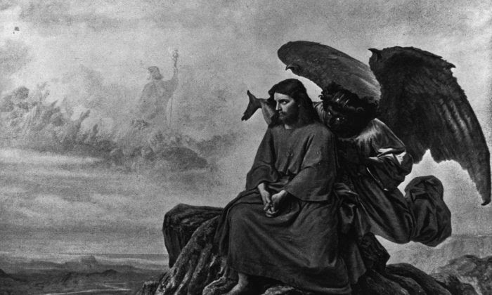 Tranh minh họa cảnh ác quỷ dụ dỗ Chúa Jesus khi người đang ở một mình trong sa mạc. (Ảnh: Hulton Archive/Getty Images)
