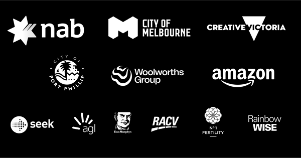 The logos of Midsumma Festival 2024 Sponsors. T-B, L-R. 1. National Australia Bank (NAB) 2. City of Melbourne 3. Creative Victoria | 4. City of Port Phillip 5. Woolworths Group 6. Amazon | 7. Seek 8. AGL 9. Dan Murphy's 10. RACV 11. No 1 Fertility 12. Rainbow WISE