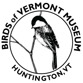 Text "Birds of Vermont Museum / Huntington, VT" in a circle around a Black-capped chickadee on a twig.