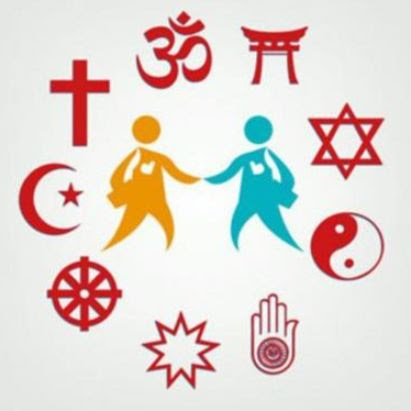 Symbols of different religions around two people holding hands