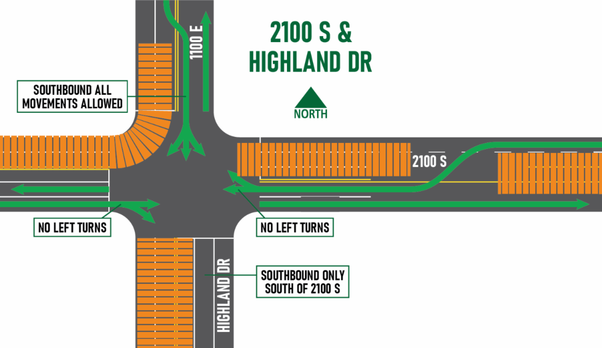 Highland Drive 2100 South intersection traffic control map