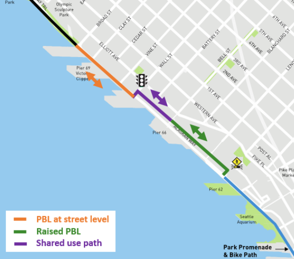 SDOT’s Project Map showing a two-way protected bike lane crossing the street to become a narrow shared-use path, then crossing back across the street 5 blocks later.