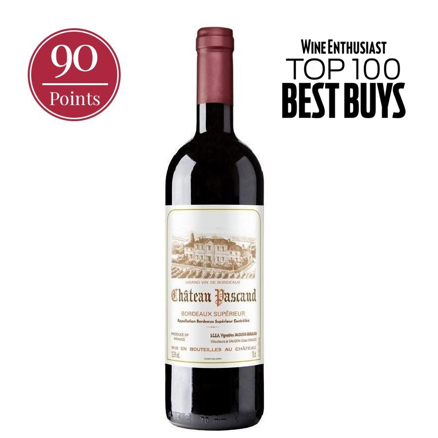 Bottle of Bordeaux Supérieur by Château Pascaud 2018 with "90 Points" seal and "WineEnthusiast TOP 100 BEST BUYS"