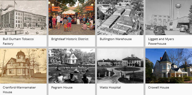 Screenshot of eight tiles from the Explore Durham Historic Tours page.