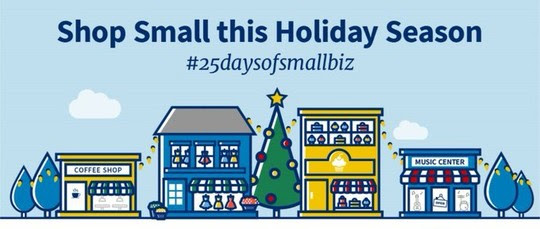Illustration of a main street with the following text, Shop Small this Holiday Season. #25daysofsmallbiz